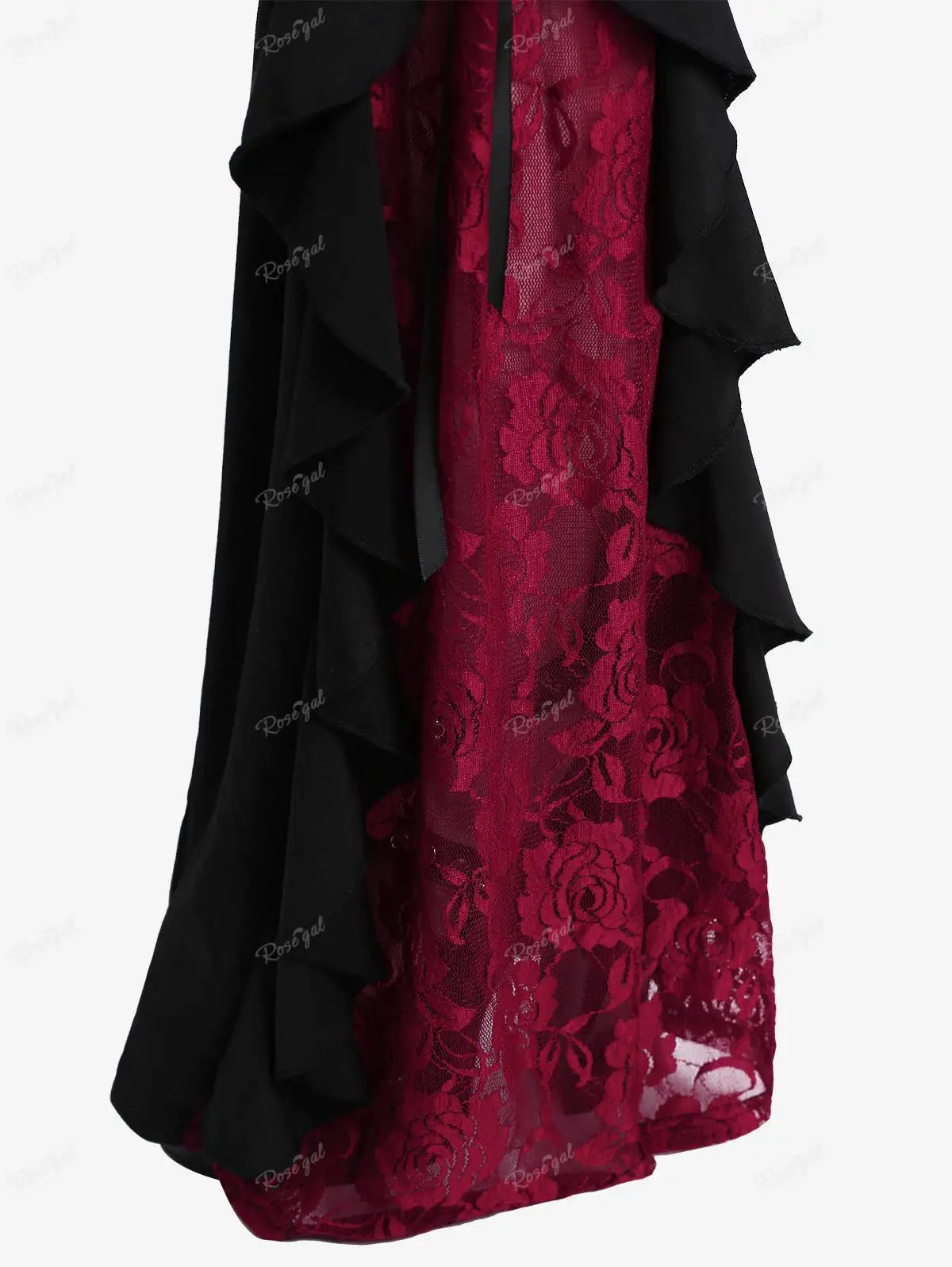 Gothic Lace Panel Lace-up Ruffle Flare Pants Elastic Waist Pull On Pant Colorblock Bell Bottom