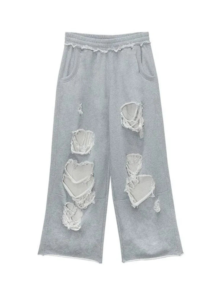 Distressed Gray Baggy Joggers Women Hip Hop Style Grunge Wide Leg Holes Sweatpants