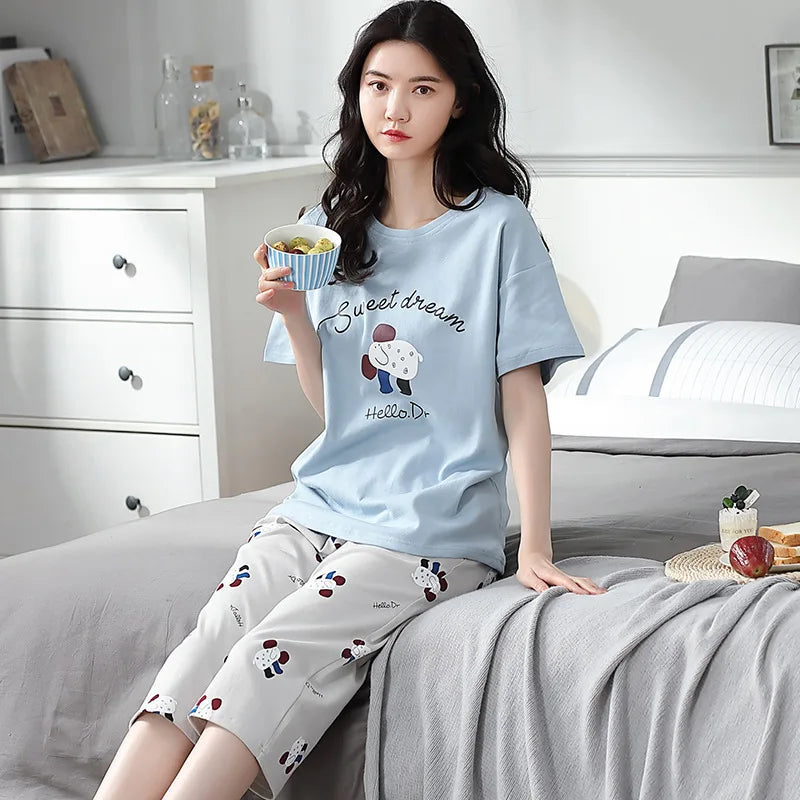 Half-Sleeve Seven-Quarter Trousers Student Nightwear Set Round Neck Cartoon Ladies Pajamas Loungewear