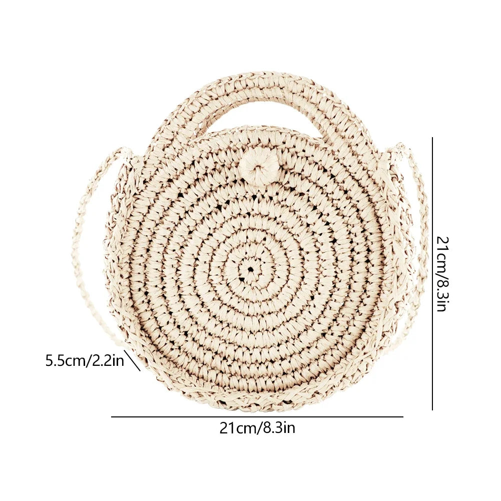 Woven Handbag Round Straw Woven Tote Bag Vacation Shoulder Bag Large Capacity