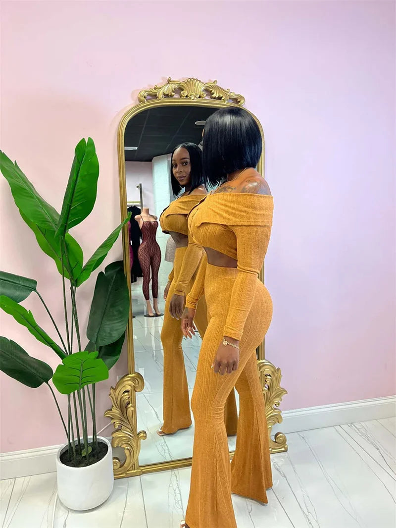 Knitted Two Piece Set Off Shoulder Slash Neck Crop Top and Flare Pants Set