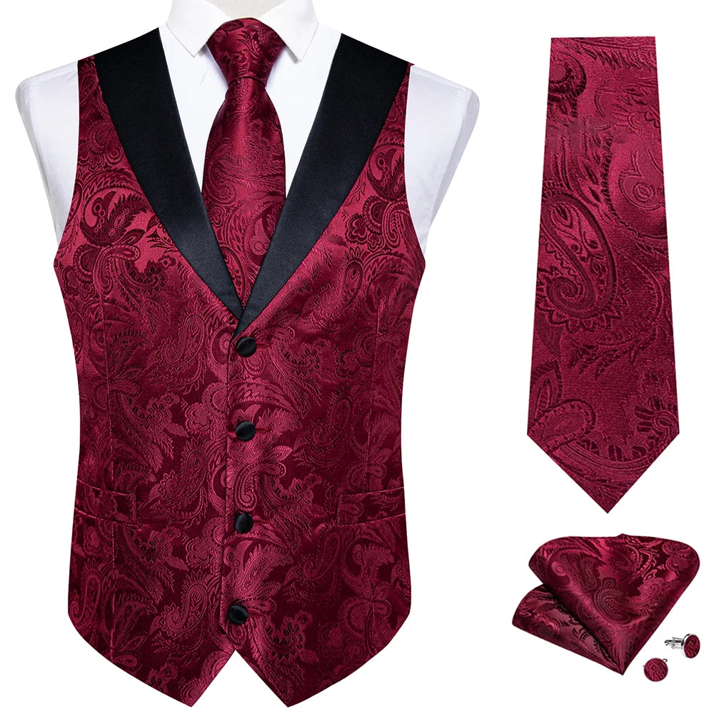 Men's Paisley Silk Suit Vest with Macthing Golden Paisley Neck Tie Handkerchief Cufflinks Wedding Prom Tuxedo Waistcoat