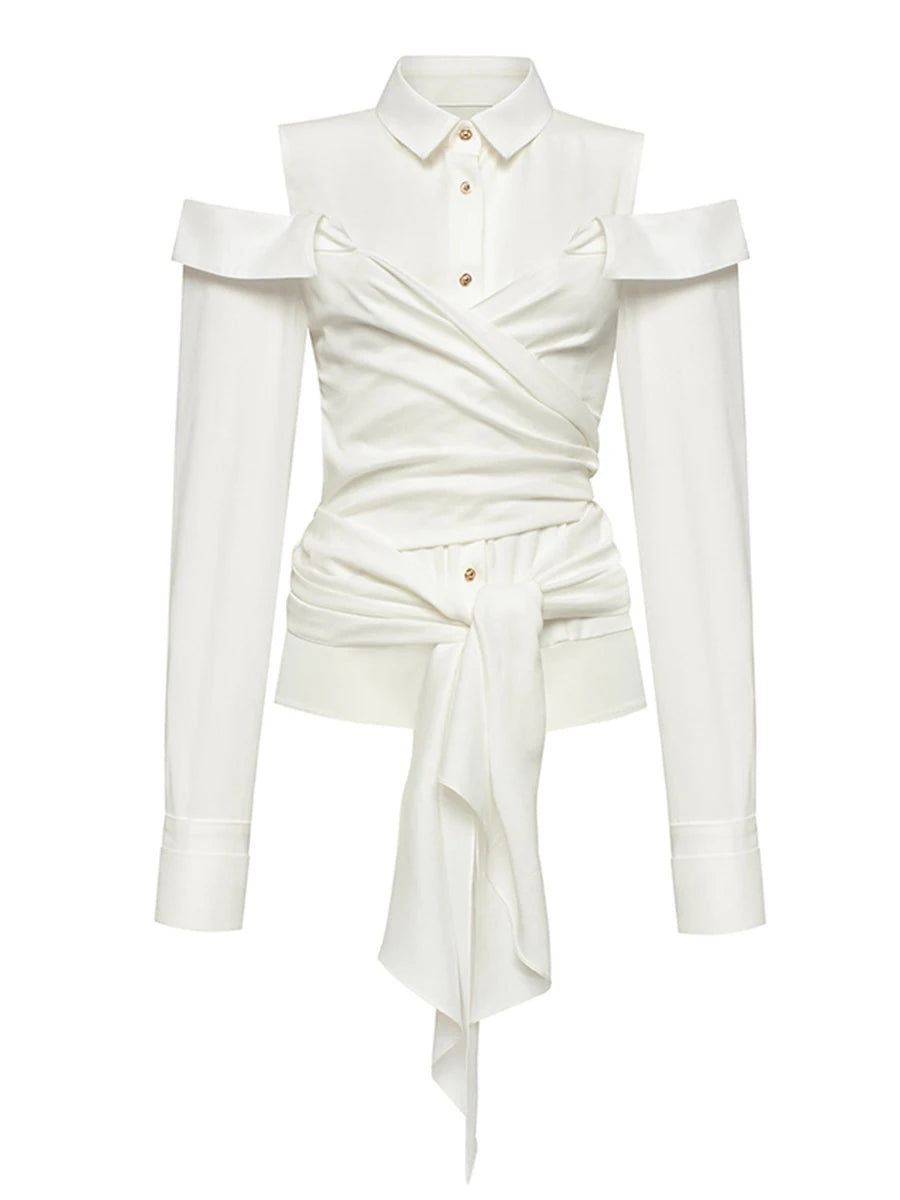 Solid Patchwork Lace Up Slimming Blouse For Women Lapel Long Sleeve Spliced BLACK / M WHITE / M BLACK / S BLACK / M-WHITE / M-BLACK / S-WHITE / S-BLACK / L-WHITE / L-