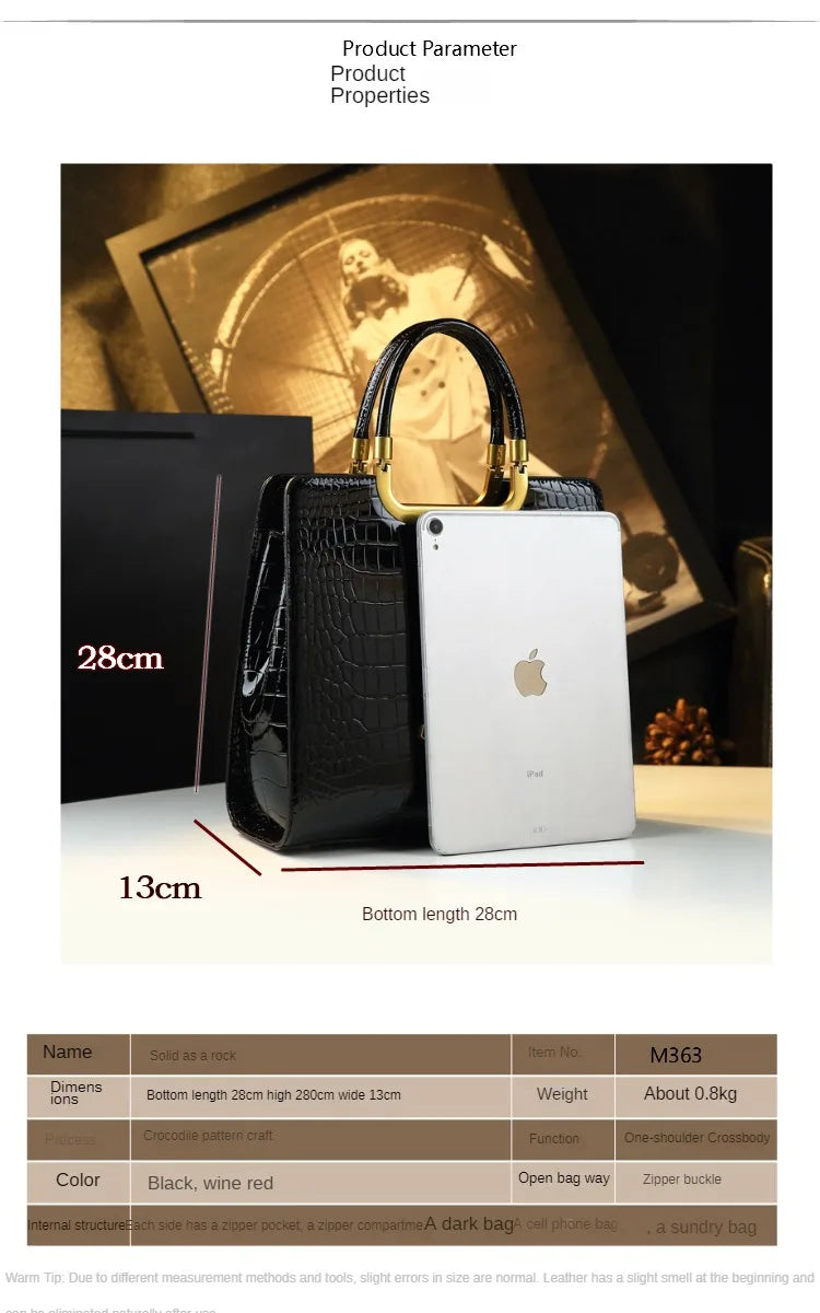 High-grade light luxury handbag Tote bag women's crocodile print single shoulder crossbody bag black Burgundy black-Burgundy-