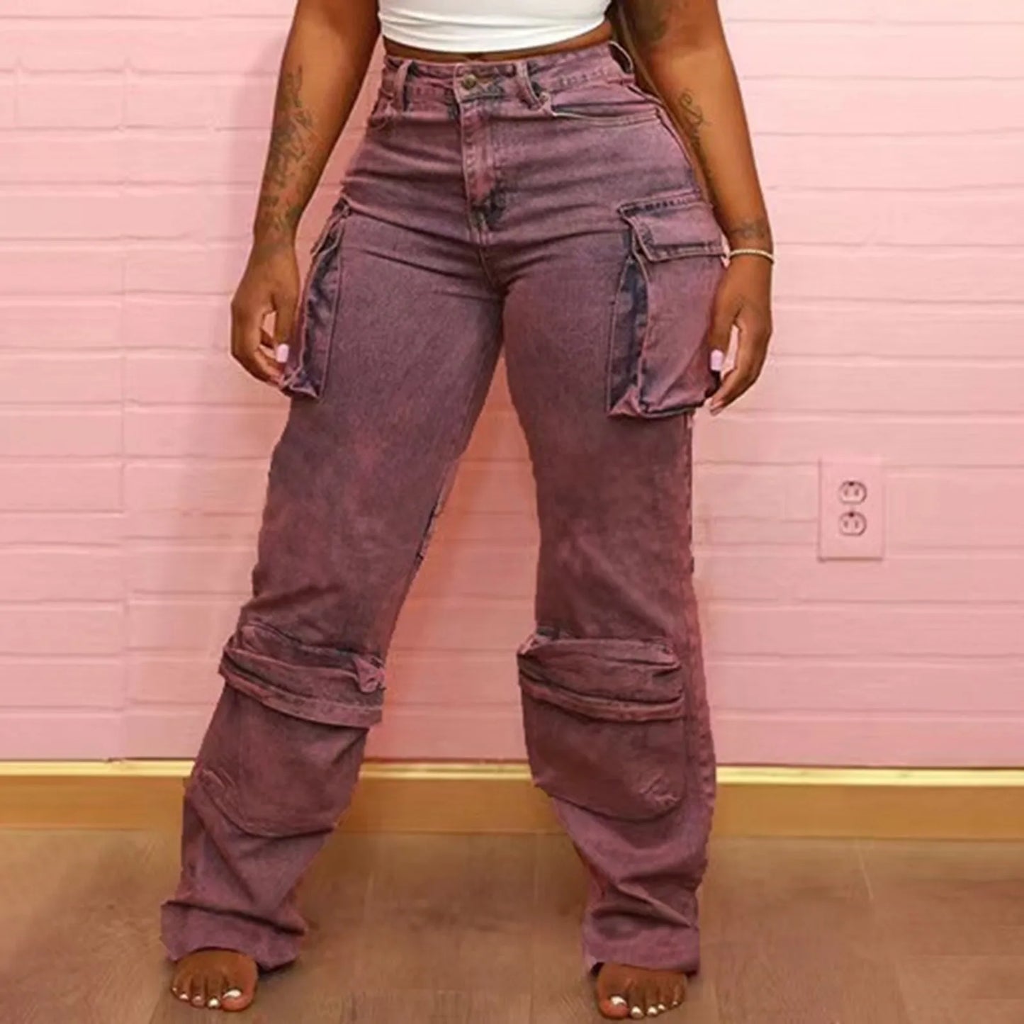 Women Streetwear Loose Straight Multi Pockets Denim Cargo Pants Wide Leg Jeans Baggy Brown / L / United States Red / S / United States