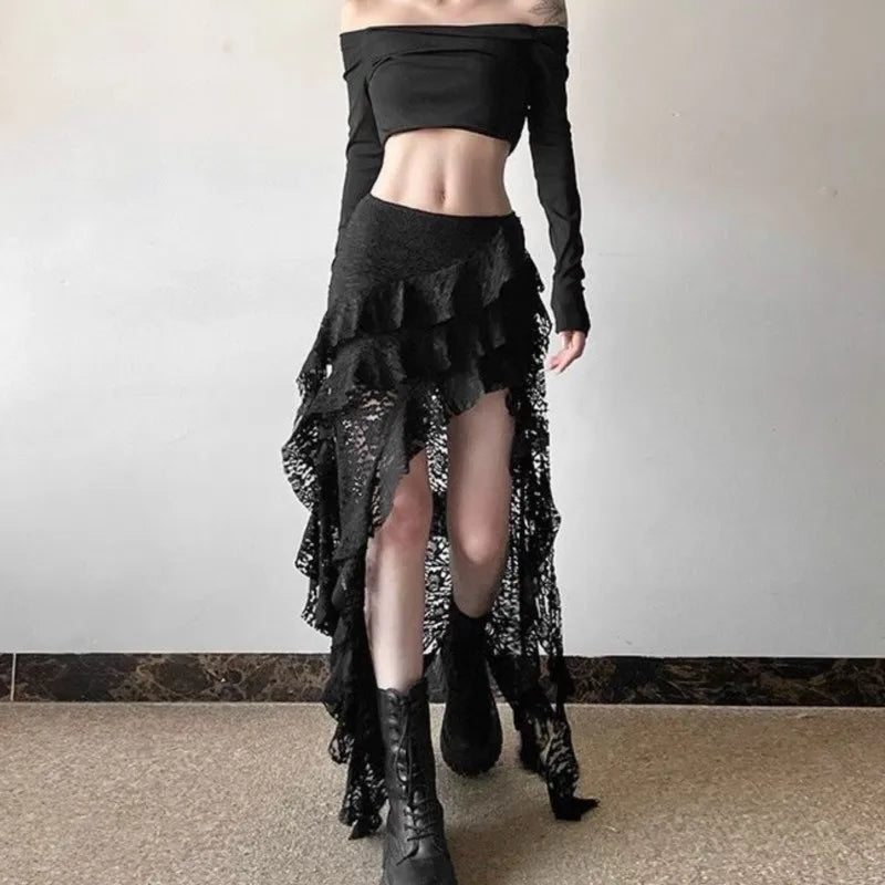 Gothic Skirt Women's Lace High waist Casual Aesthetic Long Skrit Hip hop