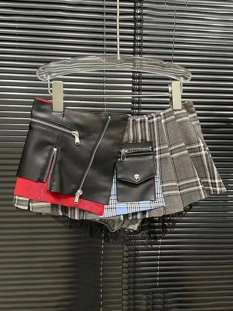 Women's Patchwork Plaid Design Pleated Mini Skirt High Waist A-line Skirt