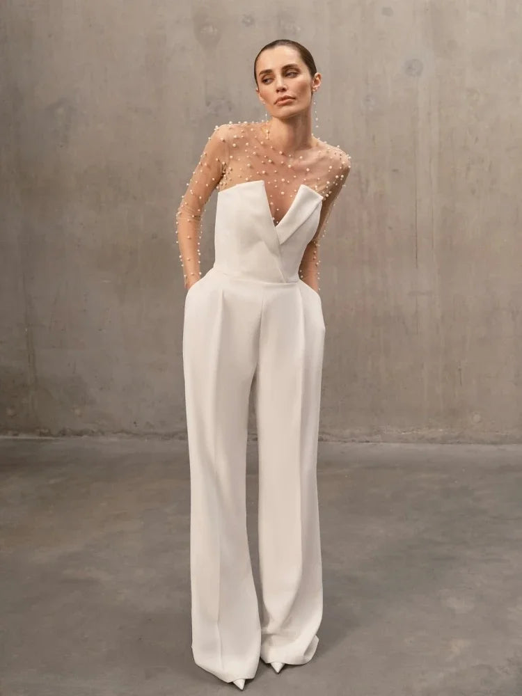 Mesh Pearl Beaded Bodysuits+Strapless Jumpsuit Two piece Sets Women White Jumpsuit Suits Evening