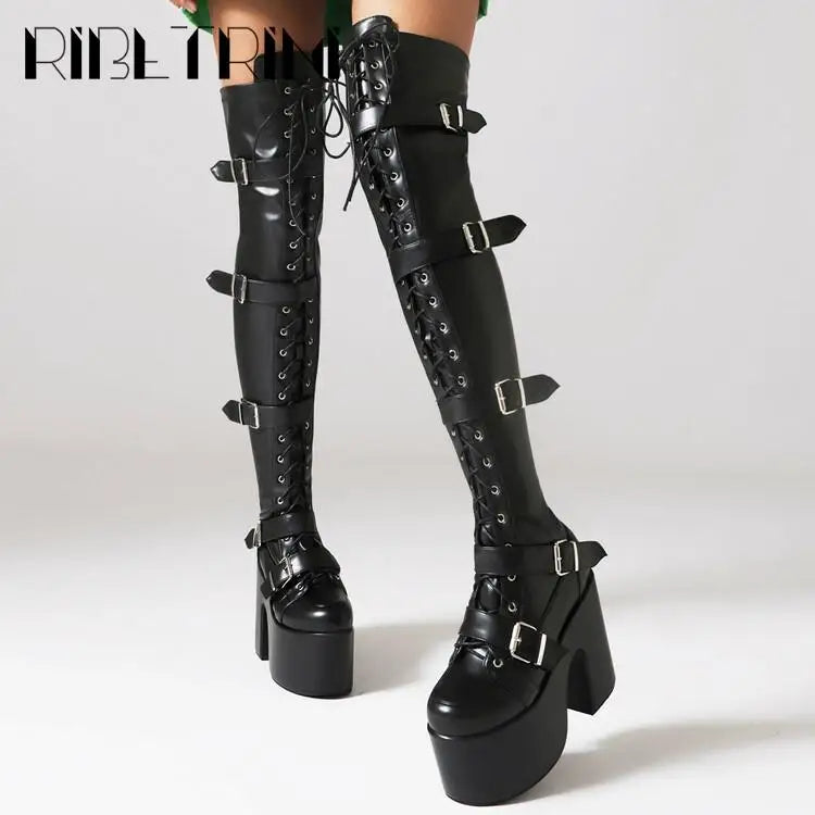 Goth Women Motorcycle Boots Block High Heels Platform Cool Street Boots