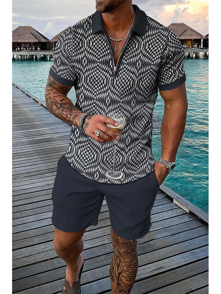 3D Print Men's Tracksuit Set Casual Zipper Collar Polo Shirt And Shorts 2pcs Sets Men Clothing Pullover