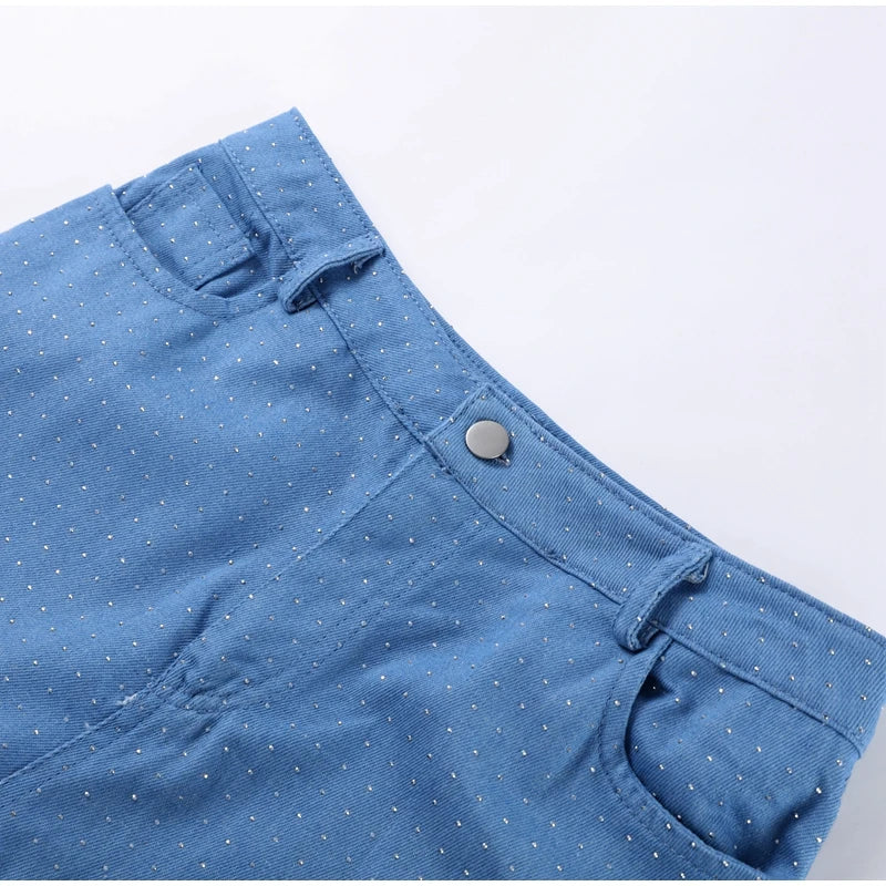 Rhinestone Denim Set Corset Shaping Crop Top Matching Slim Fit Jeans Party Clubwear Nightclub Cowgirl Style