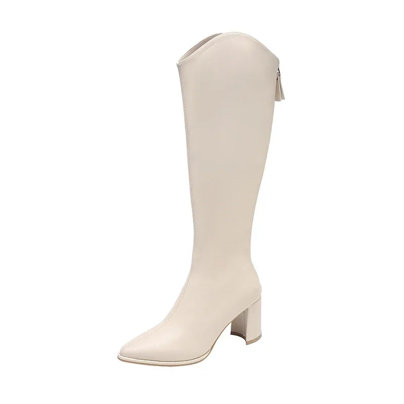 Zipper Thick High Heels Simple Thick High Heels Autumn Winter Boots Knee High