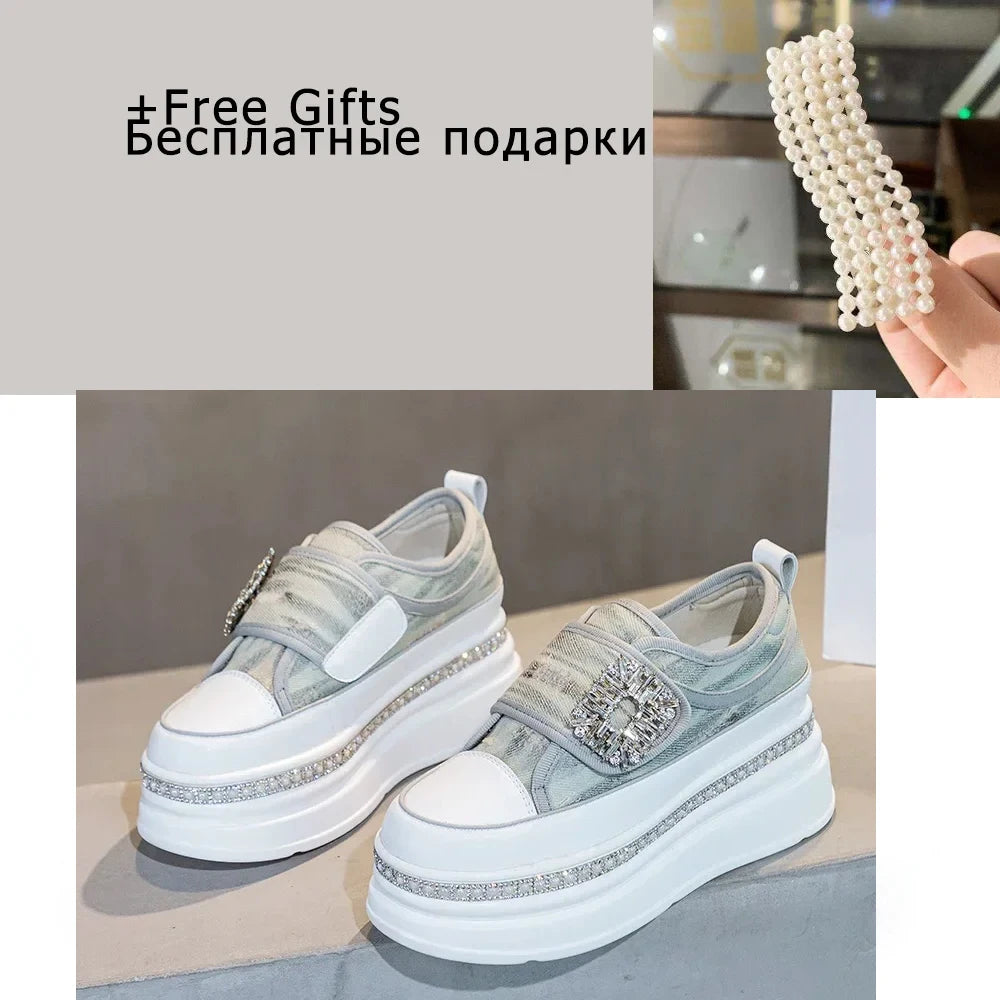 Denim Platform Wedge Genuine Leather Casual Comfy High Brand Chunky Sneakers Hidden Heels Shoes