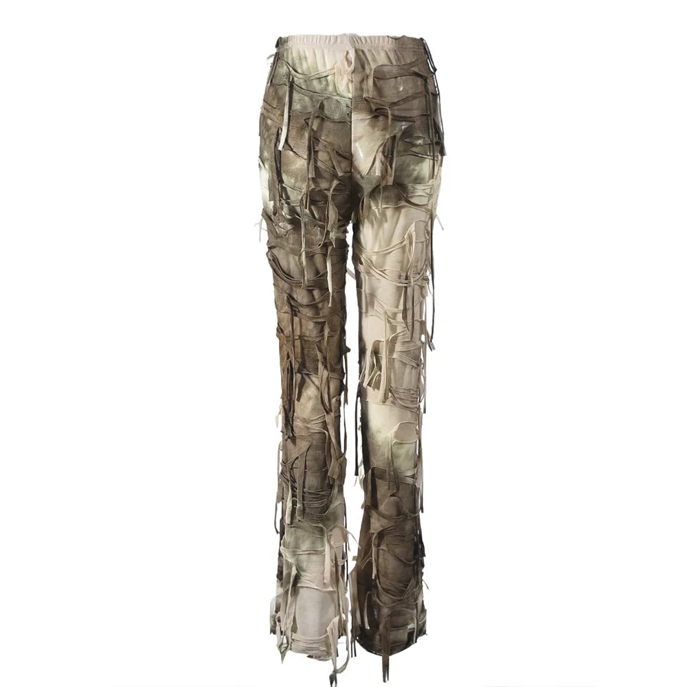 Tie Dye Printed High Waist Drawstring Tassel Flare Pants Stretch Legging Wide Leg