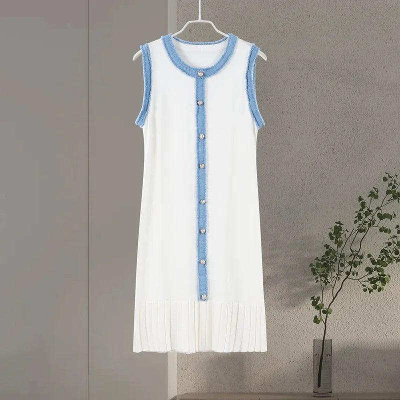 Denim Patchwork Skirts Round Collar Sleeveless Slim Dress Single-breasted Splicing