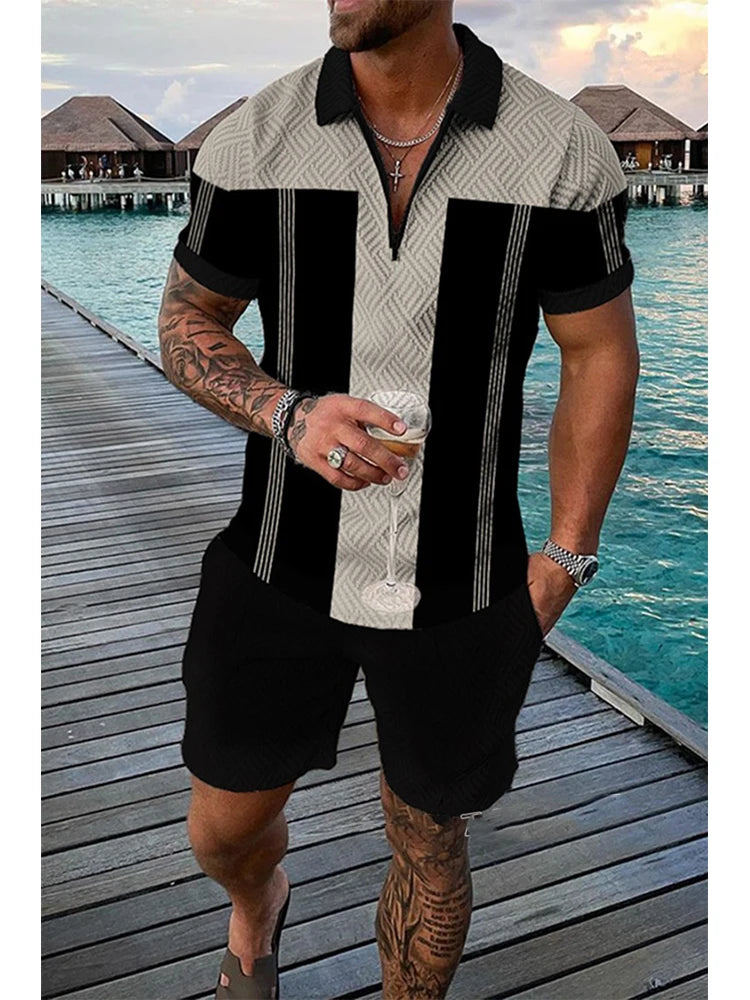 3D Print Men's Tracksuit Set Casual Zipper Collar Polo Shirt And Shorts 2pcs Sets Men Clothing Pullover