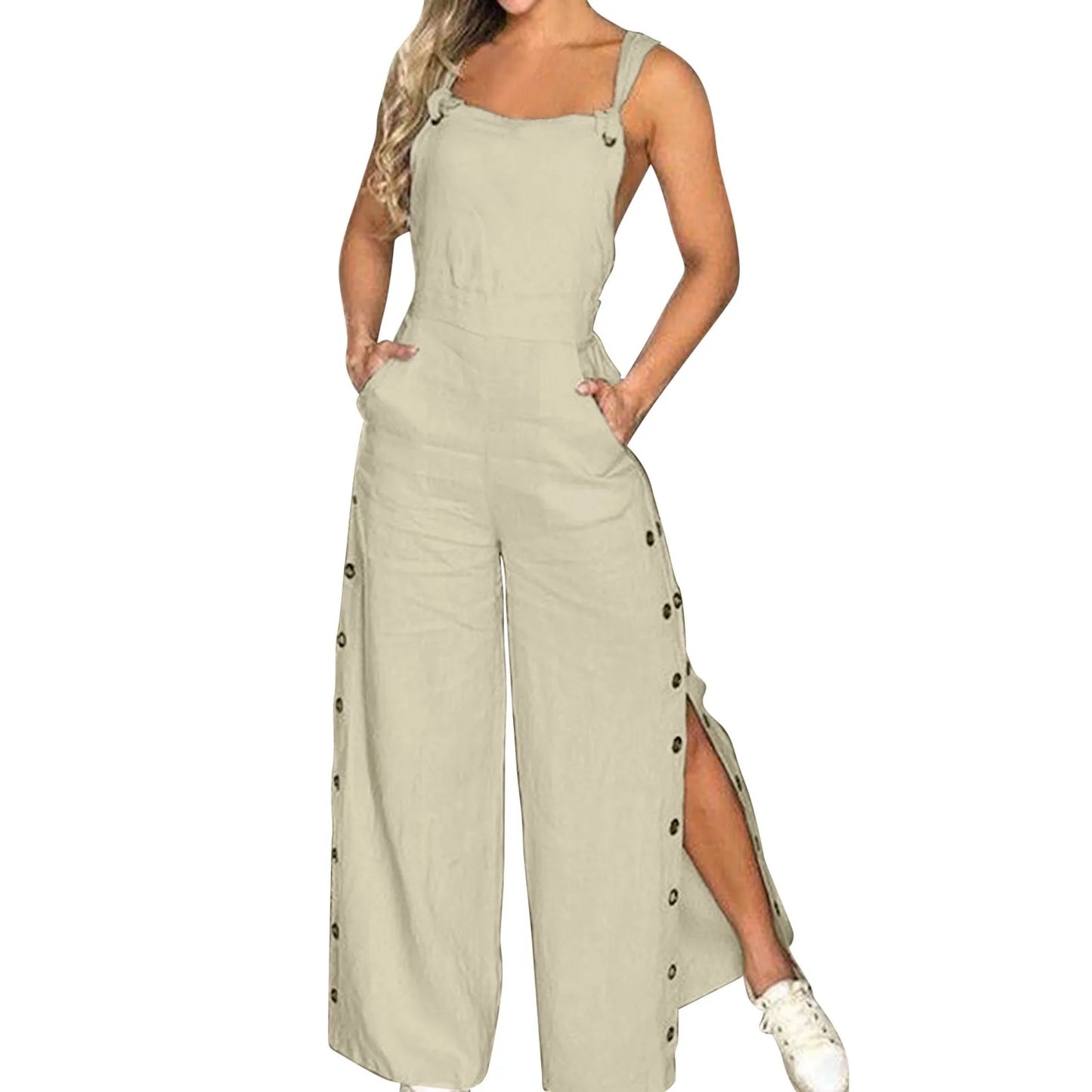 Women's Summer Sleeveless Cotton Linen Strappy Side Button Opening Overalls Loose Long Wide Leg Pants