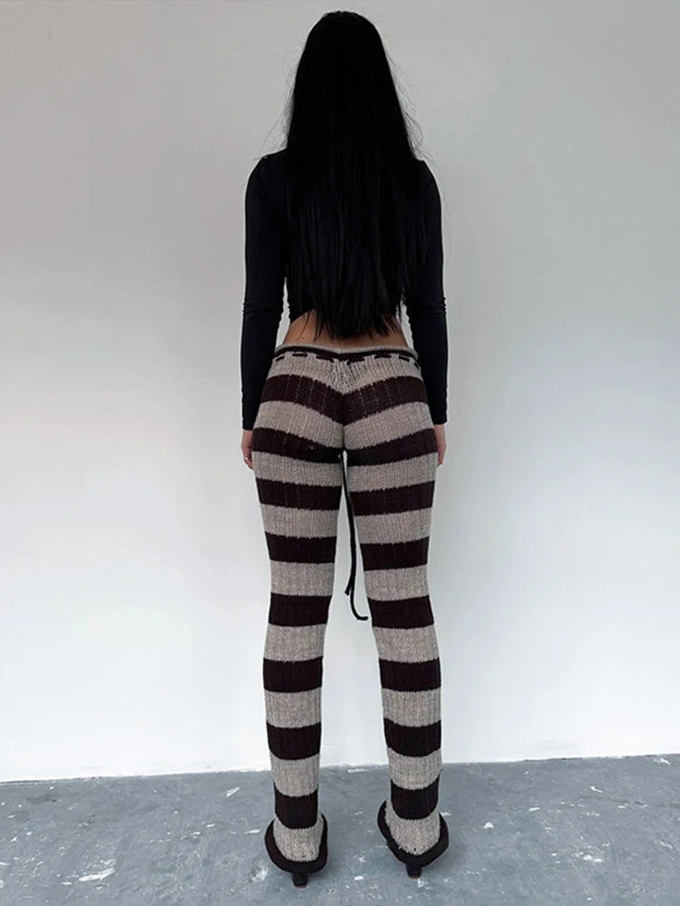 Kliou Stripe Patchwork Long Pants Woman Autumn Trend Crochet Shirring Elastic High Waist Skinny Peach Hip Street Style Bottoms