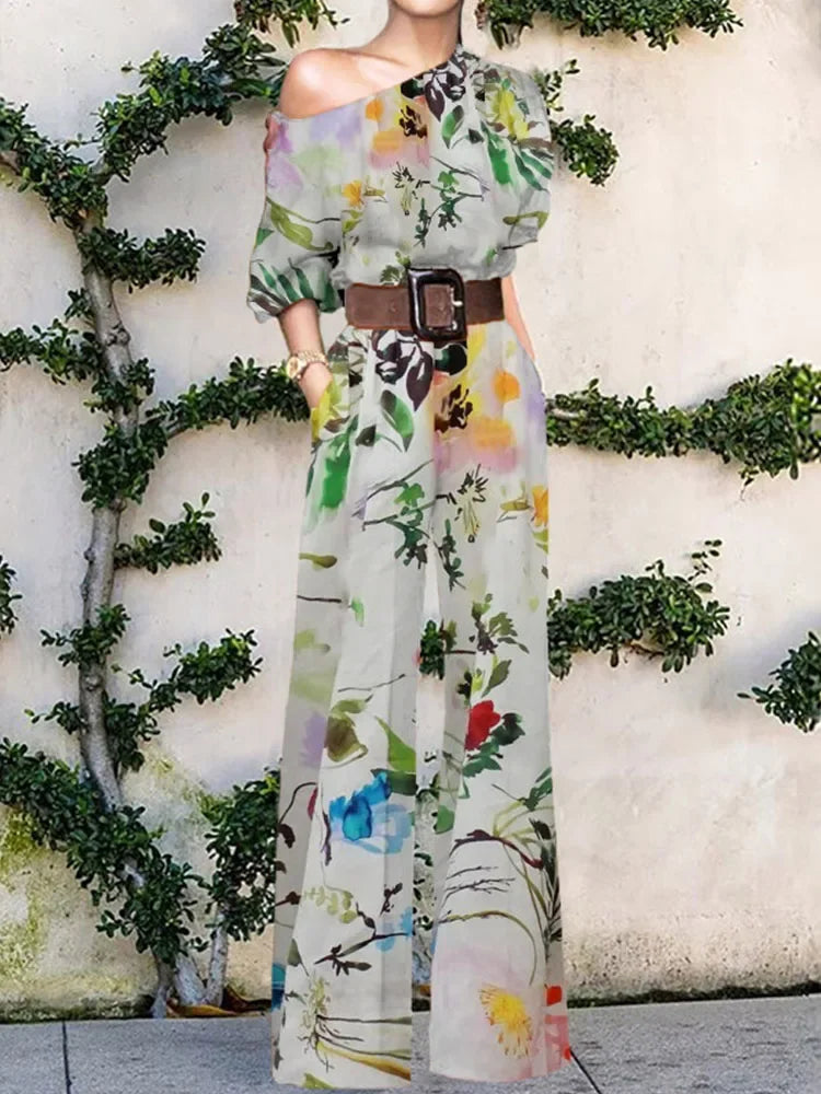 Elegant Pattern Print Party Jumpsuit Off Shoulder Wide Leg Pant Playsuit