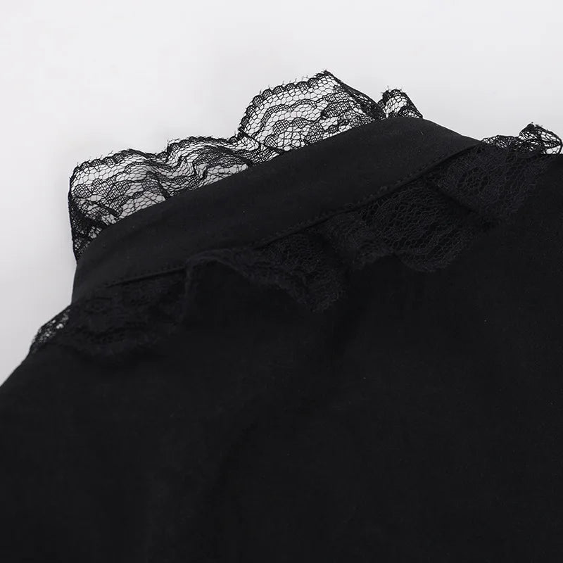 Vintage Gothic Smock Women Elegant Cute Lace Patchwork Puff Sleeve Crop Tops Aesthetic Fairy