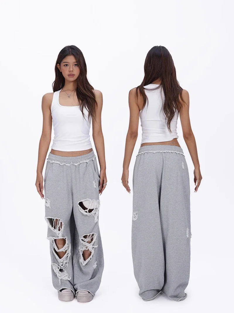 Distressed Gray Baggy Joggers Women Hip Hop Style Grunge Wide Leg Holes Sweatpants