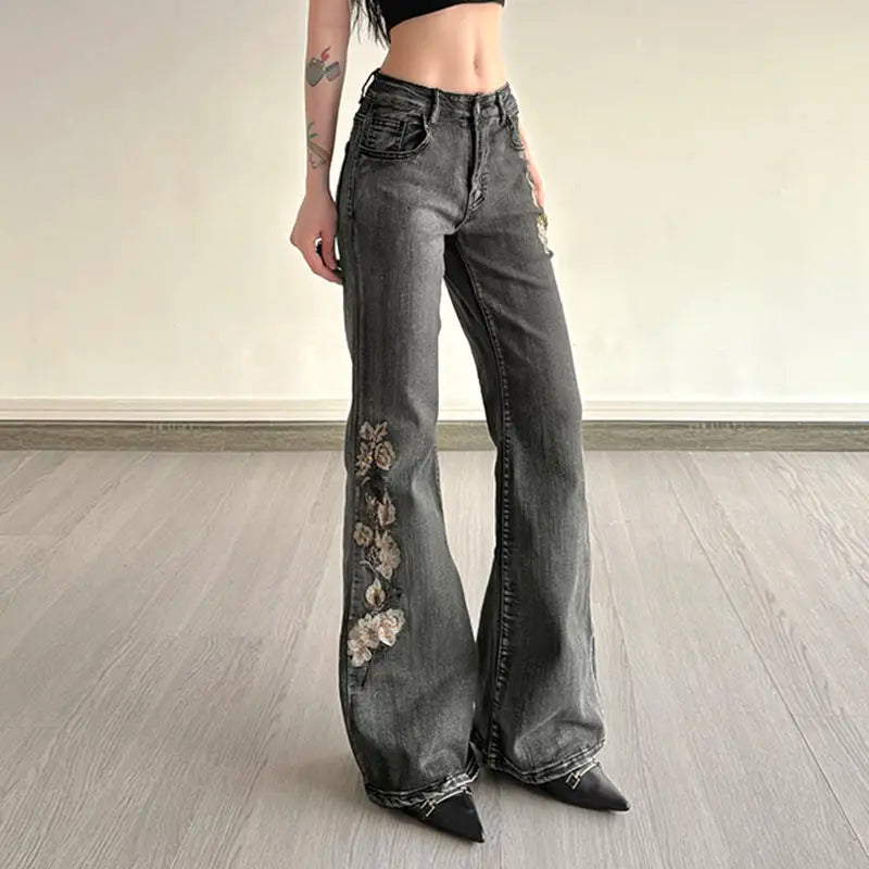 Beaded Embroidered Micro Slim Flare Jeans Street Y2k