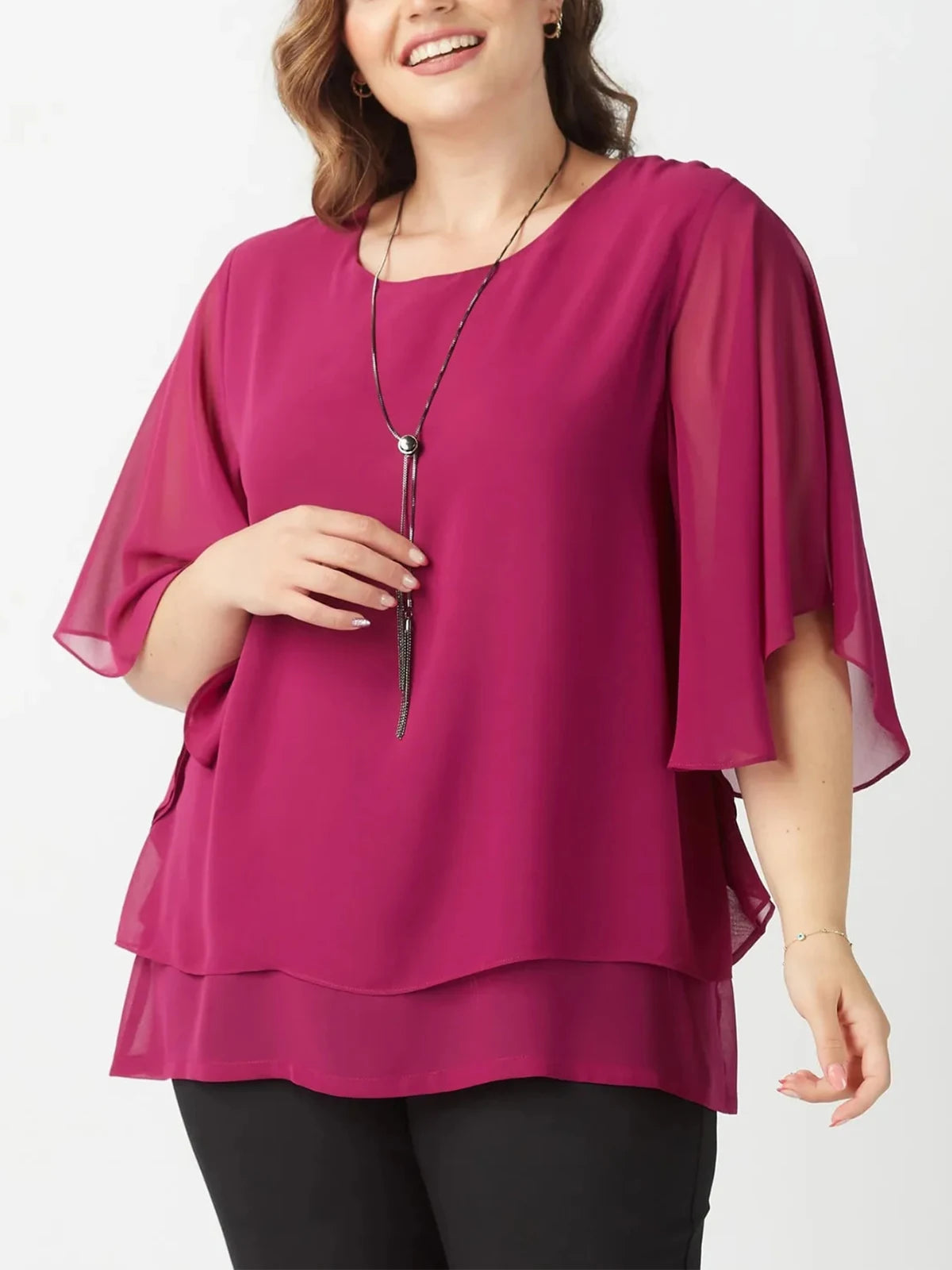 Women Plus Size Mesh Tierred Patchwork Blouse Round Neck Half Sleeves Elegant Female Shirts Pullovers Summer Office Lady Blouses