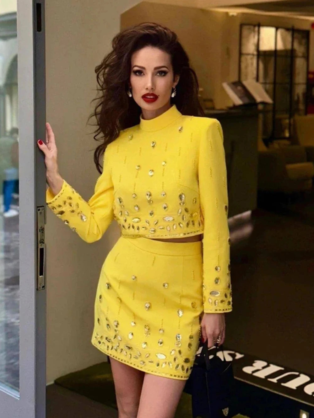 Long Sleeve Short Top and Mini Skirt Suit Outfit, Diamond Beaded Design,High Quality, 2 Pcs Set