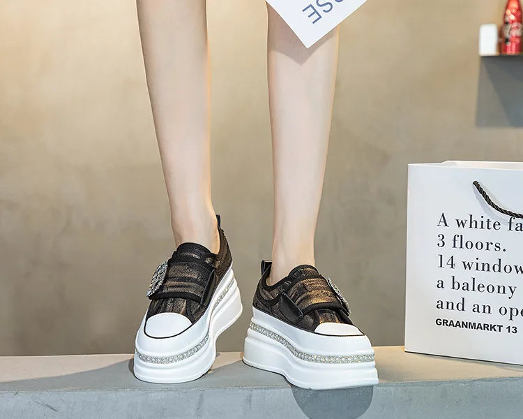 Denim Platform Wedge Genuine Leather Casual Comfy High Brand Chunky Sneakers Hidden Heels Shoes