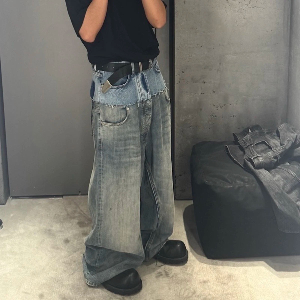 CUT-UP Double-layer Double Waist Patchwork Baggy Jeans for Men and Women Straight Casual Loose
