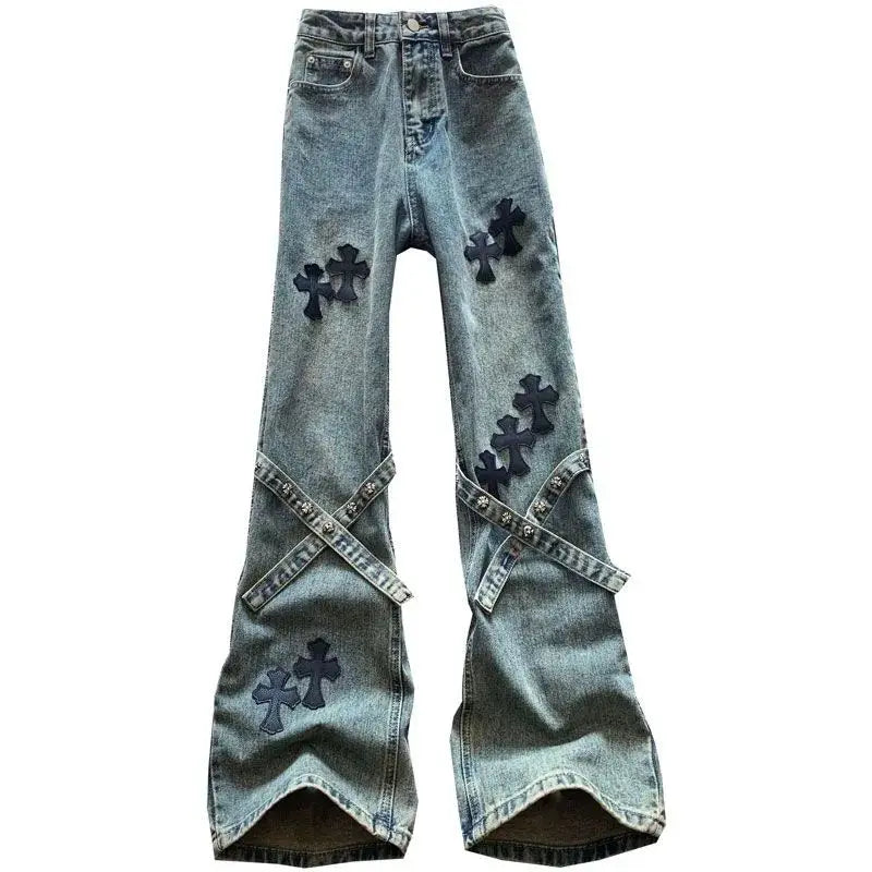 Cross Patch High Waist Jeans Women Straight Loose Wide-leg Pants Harajuku Hot Girl Y2k Trousers