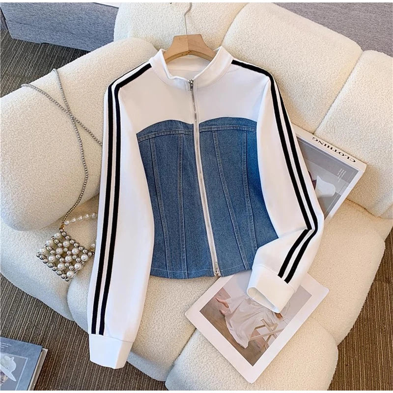 Women Preppy Style Patchwork Contrast Denim Sets Stand Collar Elastic Jeans 2 Piece Suit Streetwear Comfort