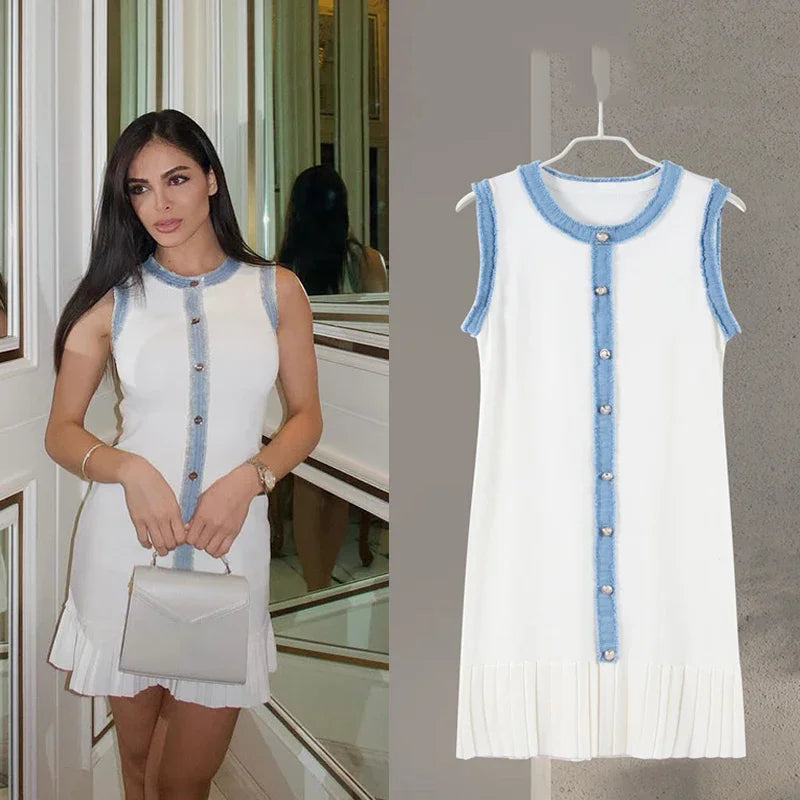 Denim Patchwork Skirts Round Collar Sleeveless Slim Dress Single-breasted Splicing