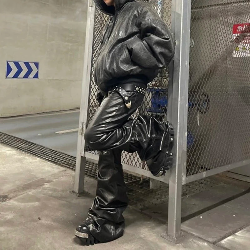 High Street Wide Leg Glossy Leather Pants Sashes Boot Cut Men and Women Straight Baggy Casual Jeans Oversized Flared Trousers