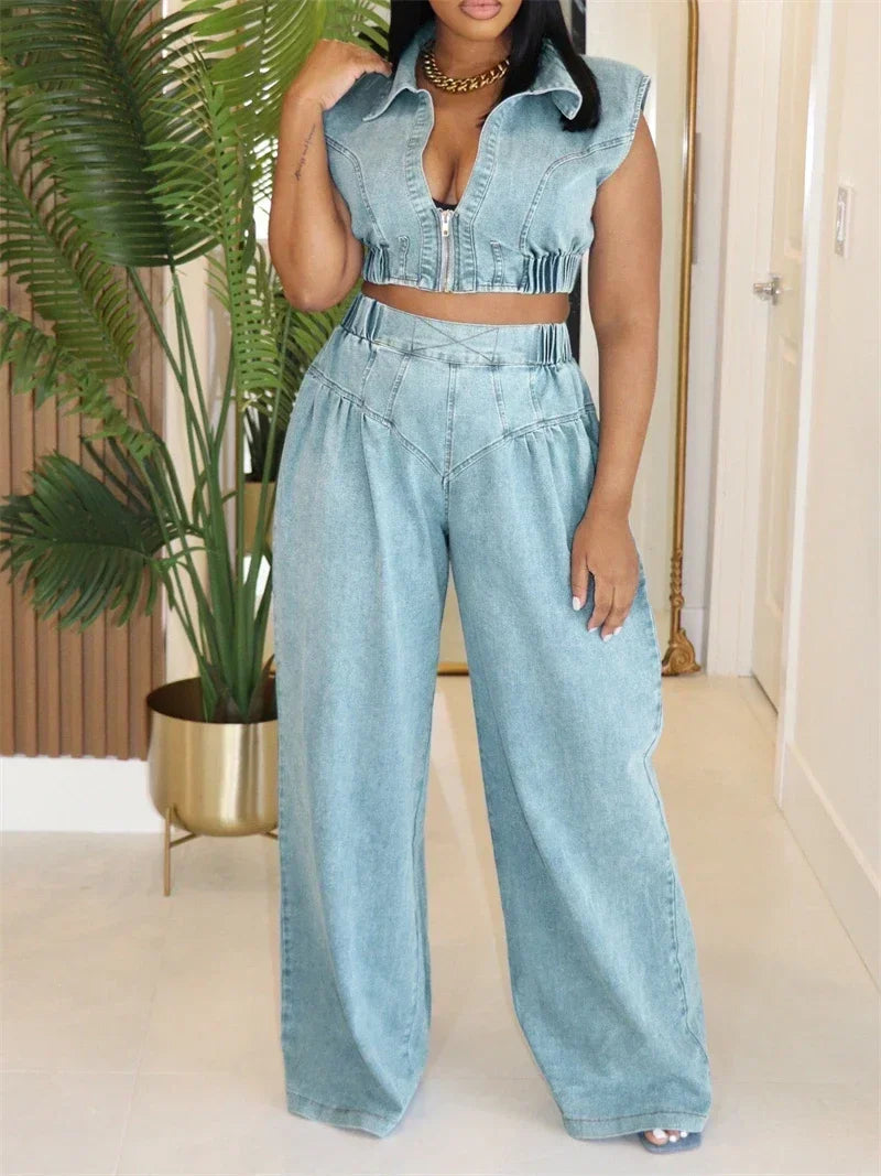Denim Sets Women 2 Piece Outfit 2025 Jeans Zipper Turn-down Collar Cropped Top and Loose Wide Leg Pants