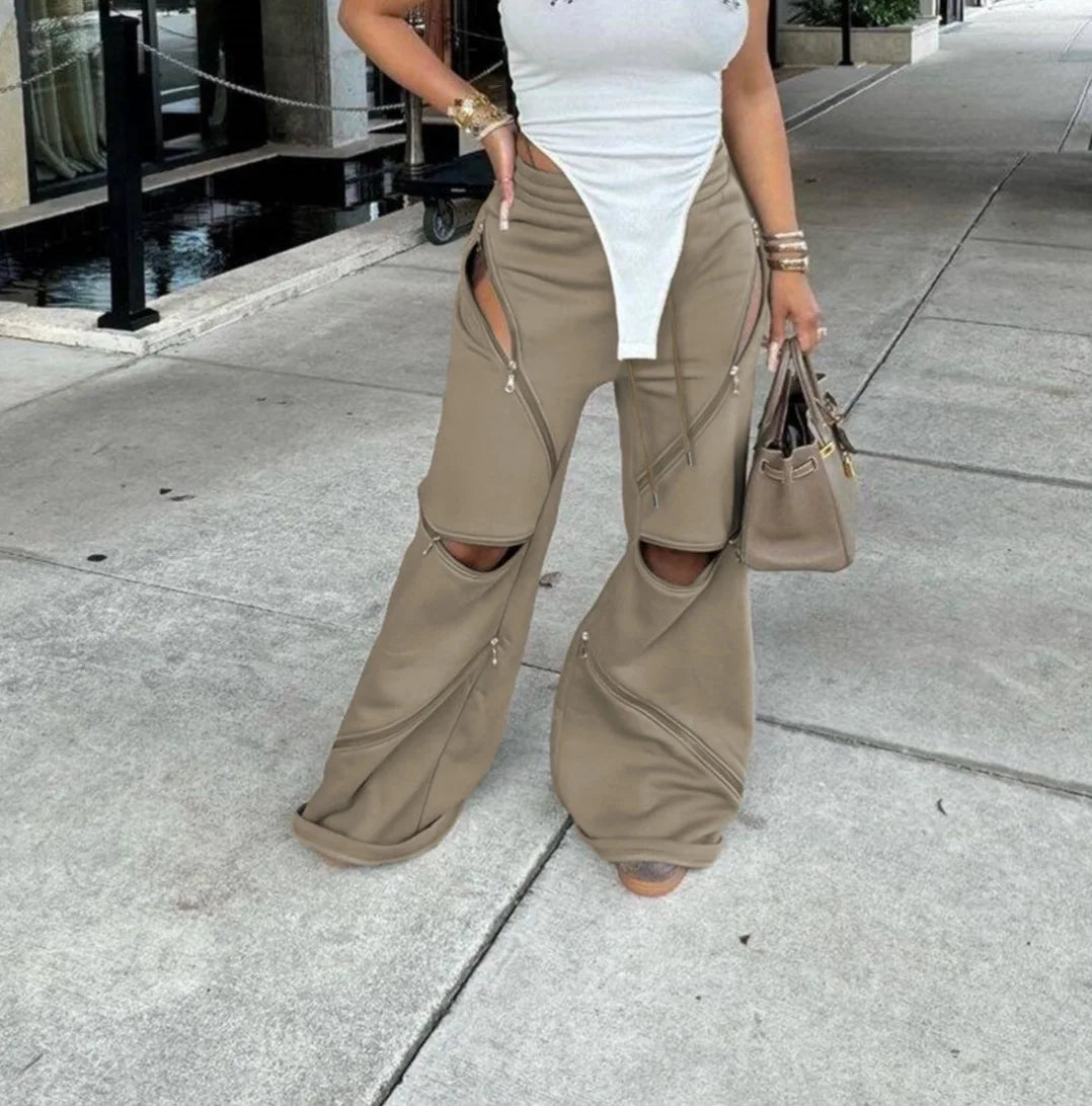 Basic Zipper Adjust Hole Women Wide Leg Loose Joggers Pants Fall Winter Active Loose Sporty Sweatpants
