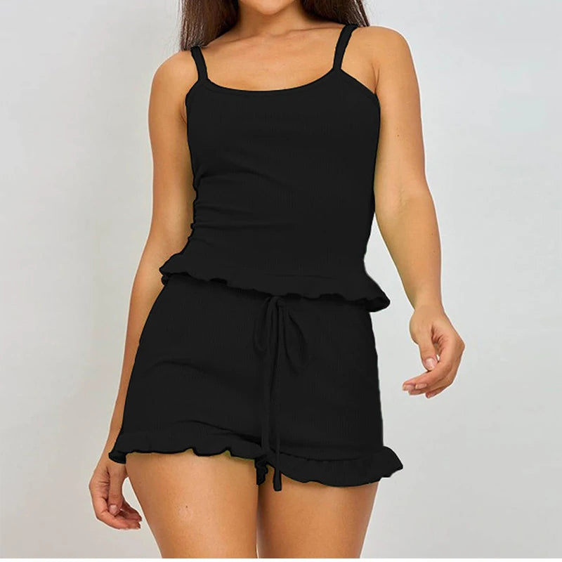 Two-Piece Solid Color Sleepwear Suspender Ribbed Knitted Pleated Vest Shorts Casual Women's Sleepwear Set