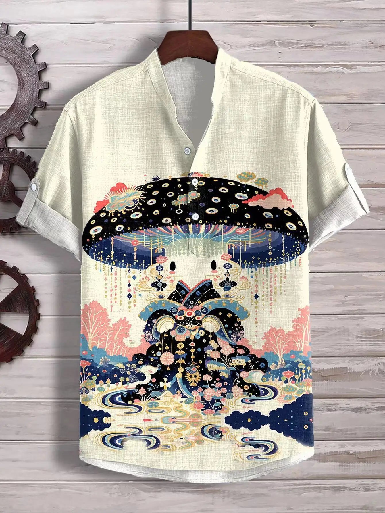 3D digital heat transfer animal landscape 3-button large size stand-up collar short-sleeved shirt