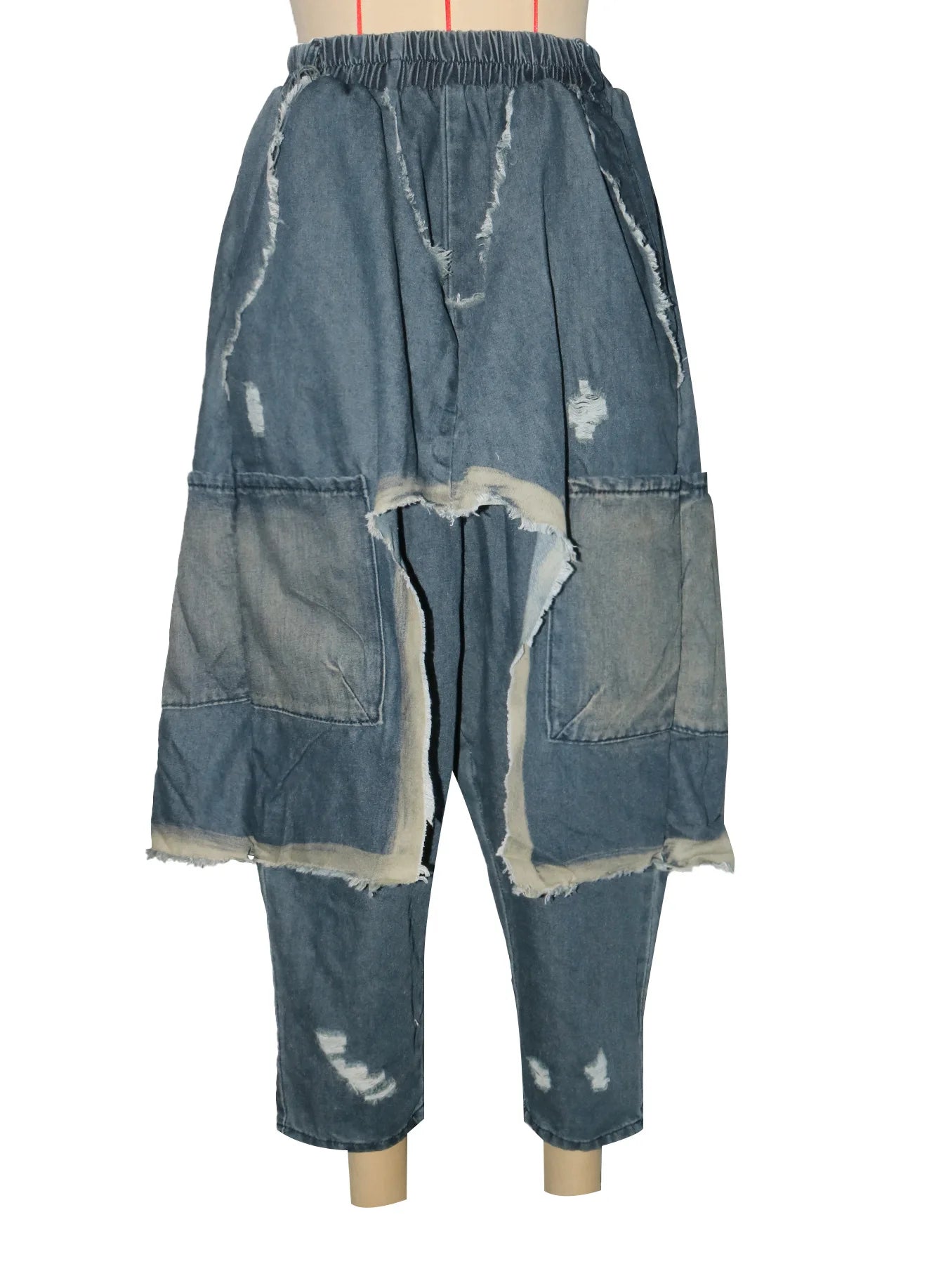 Women Streetwear Ripped Out Hole Denim Pants Loose Safari Style Cargo Harem