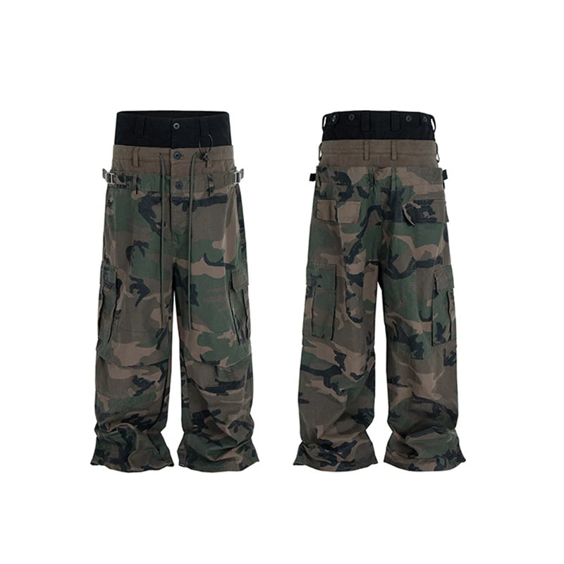 CUT-UP Double-layer Double Waist Patchwork Baggy Jeans for Men and Women Straight Casual Loose
