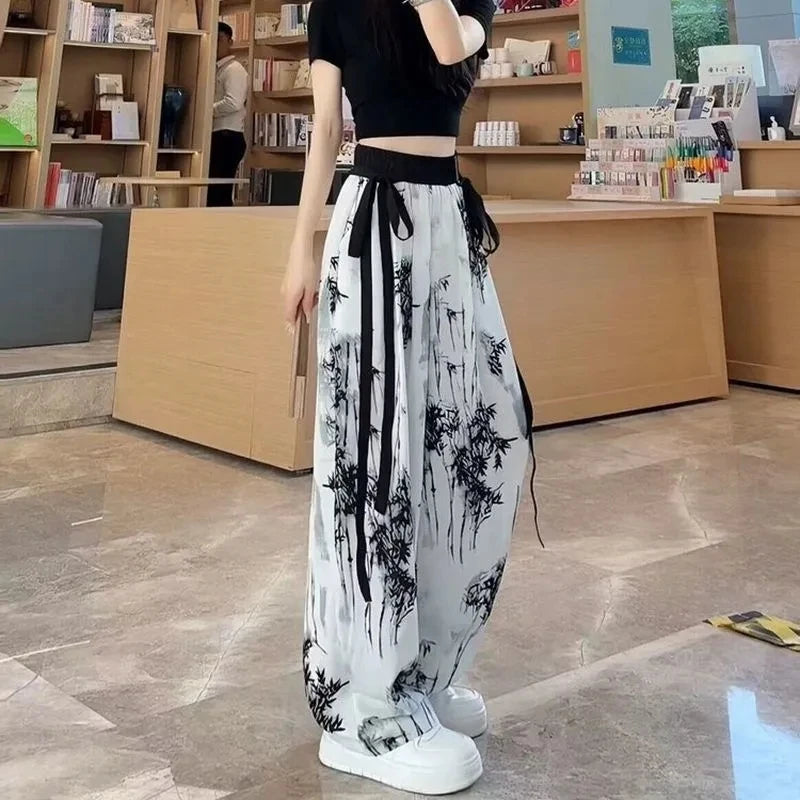 Women's Thin Casual Ice Silk Chiffon Wide Leg Pants Strap Drop Straight Tube Floor Trousers Korean Women