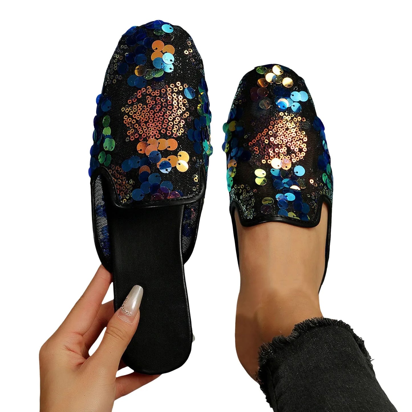 Women Casual Sequin Decoration Slipper Square Toe Flat Bottom Comfortable Sandals Slides Black / 40 / United States Black / 42 / United States