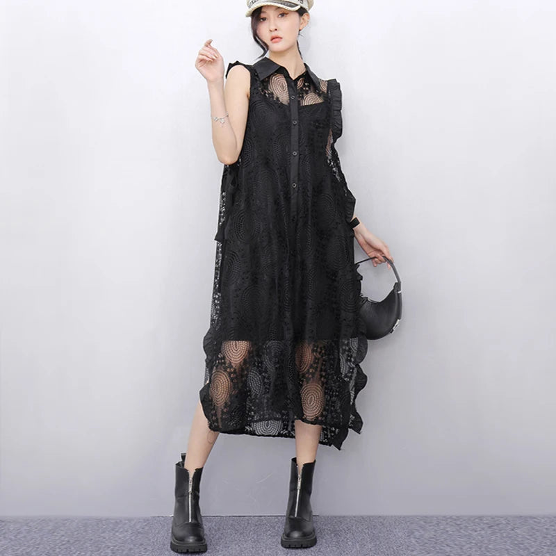 Solid Black White Sleeveless Black Lace Dress Loose Fit Button Up Gorgeous Casual Tank