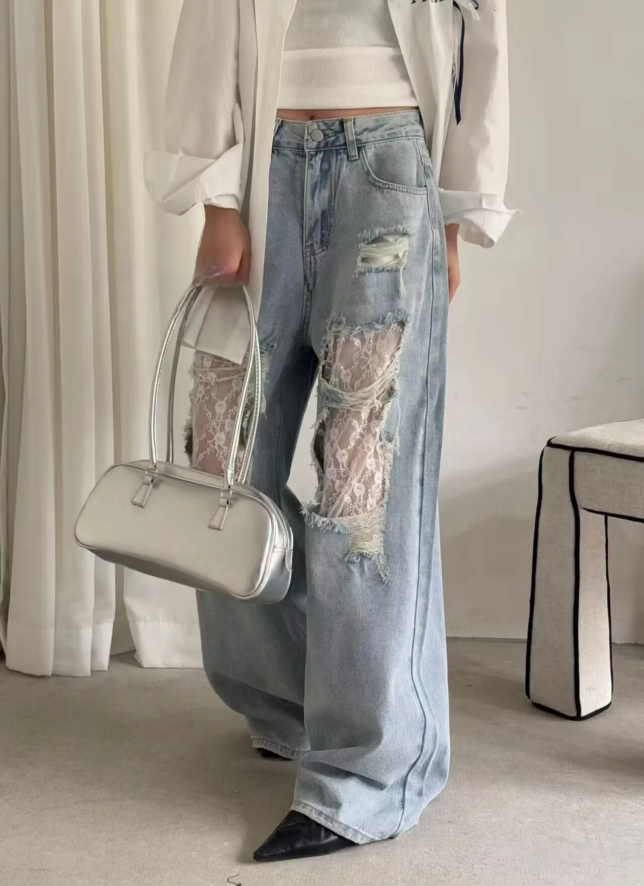 American Style Hottie Hole Lace Spliced Jeans for Women Y2k Fashion High Waist Loose Wide Leg Pants