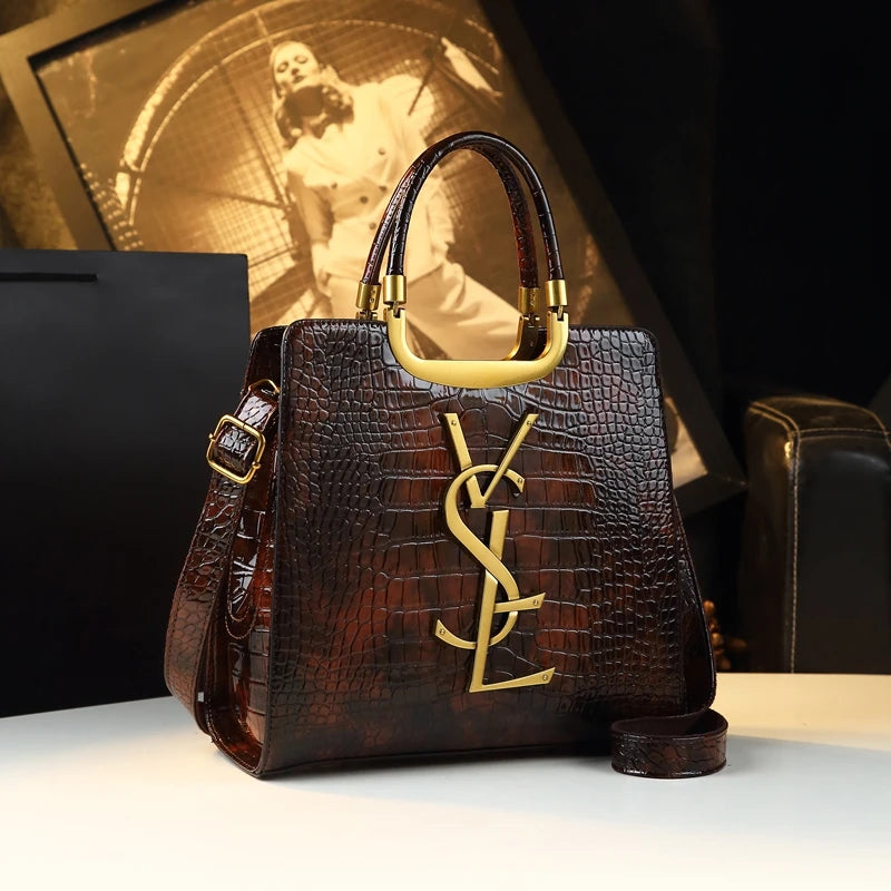 High-grade light luxury handbag Tote bag women's crocodile print single shoulder crossbody bag black Burgundy black-Burgundy-