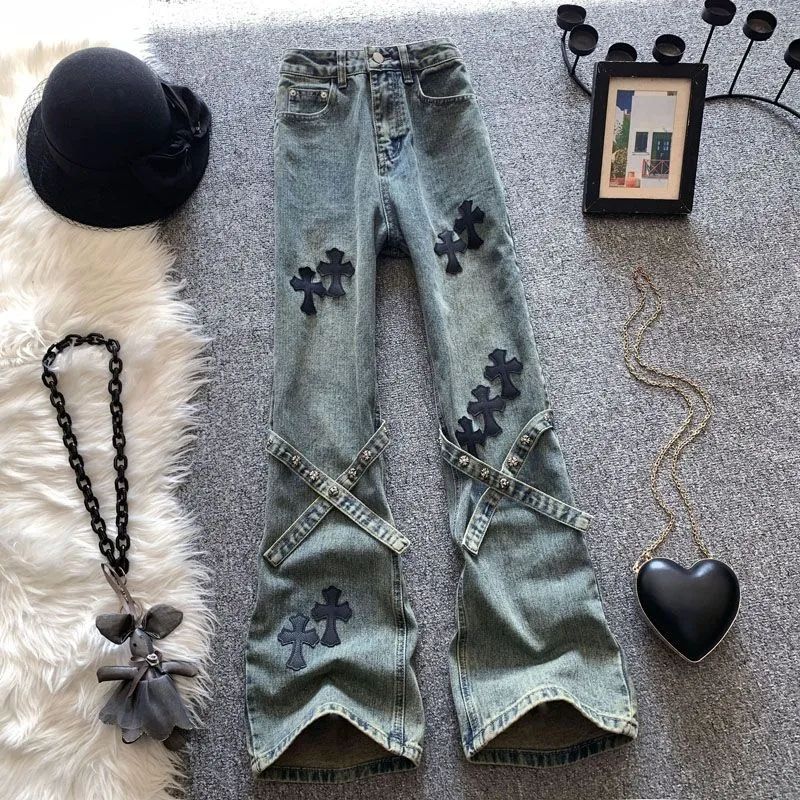 Cross Patch High Waist Jeans Women Straight Loose Wide-leg Pants Harajuku Hot Girl Y2k Trousers