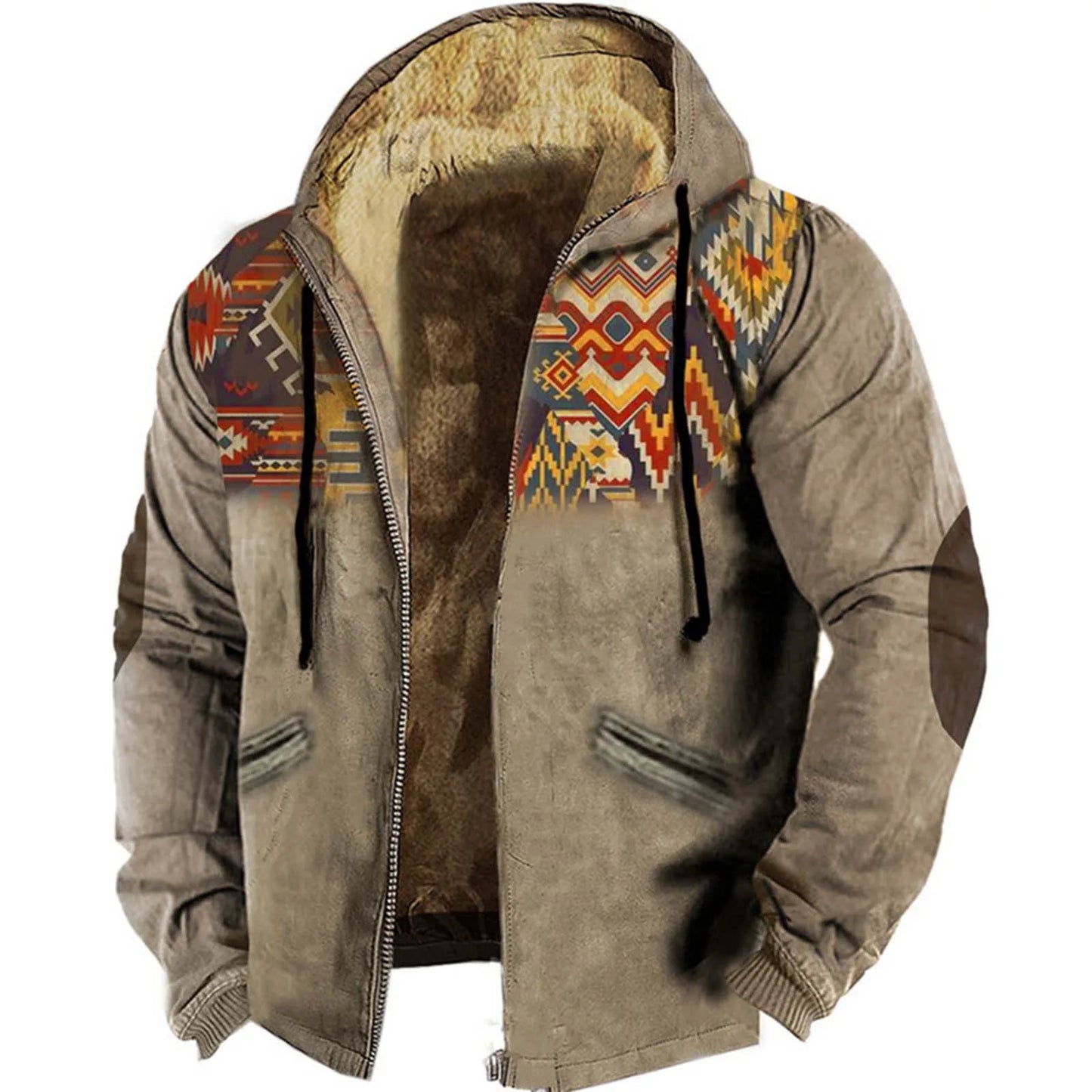 Men's Lamb Wool Jacket Fashion Retro Print Hooded Zipper Fleece Lined Hoodie Plush Bomber Jacket Grey United States