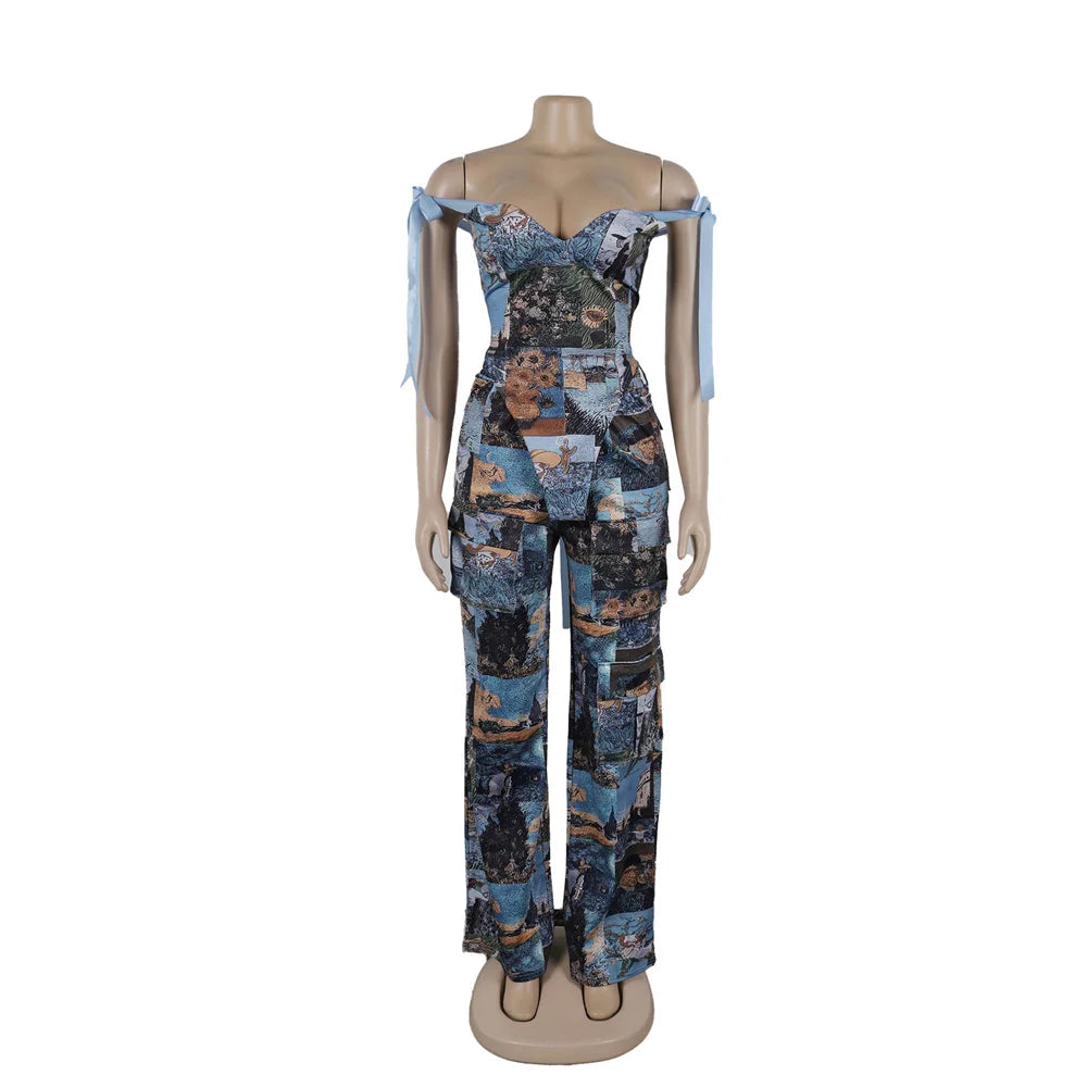 2 Piece Set Print Lace Up Strapless Tops + Wide Leg Pants Club Party Two Piece Outfits