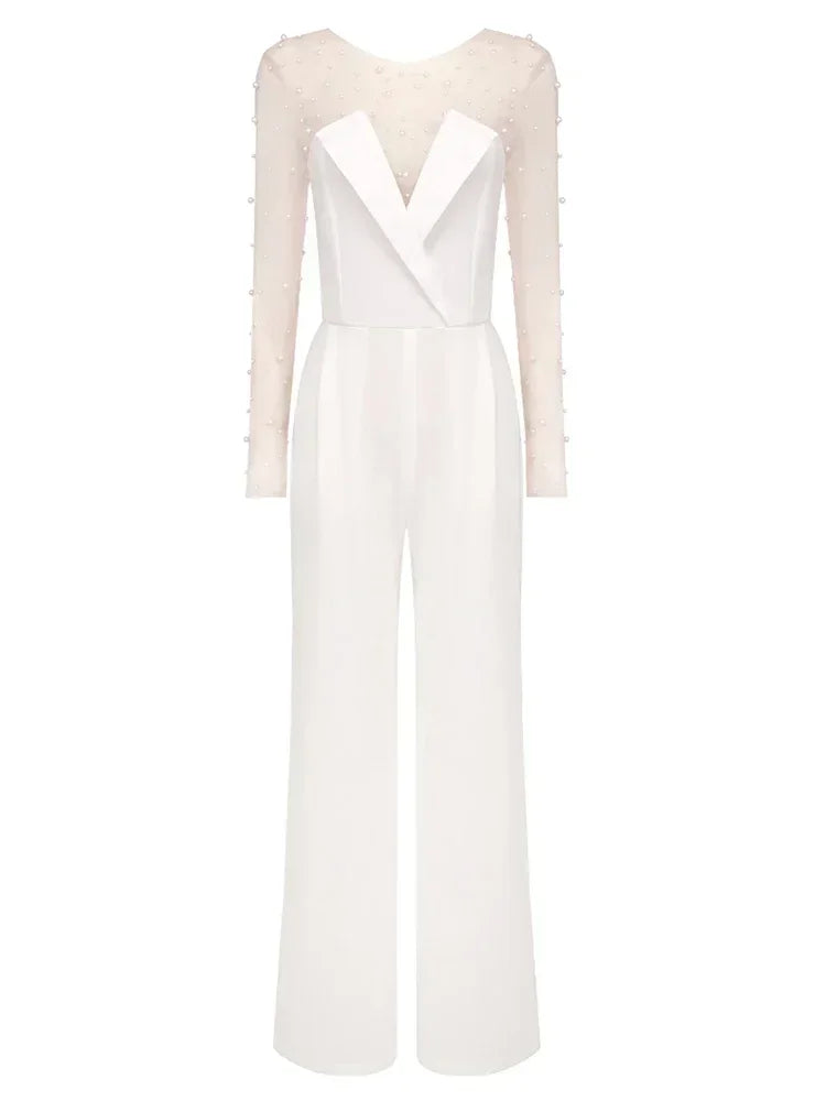 Mesh Pearl Beaded Bodysuits+Strapless Jumpsuit Two piece Sets Women White Jumpsuit Suits Evening