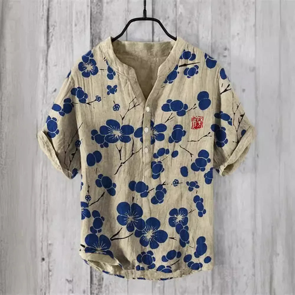 3D digital heat transfer animal landscape 3-button large size stand-up collar short-sleeved shirt